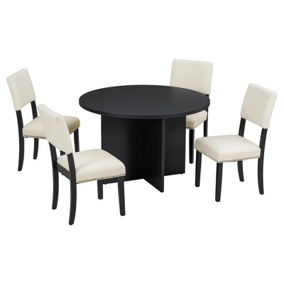 ChicFurnit Dining Sets Round Pedestal Table Set with Upholstered Chairs for Kitchen Dining Room, Black, 39.76"*22.83"*20.47"