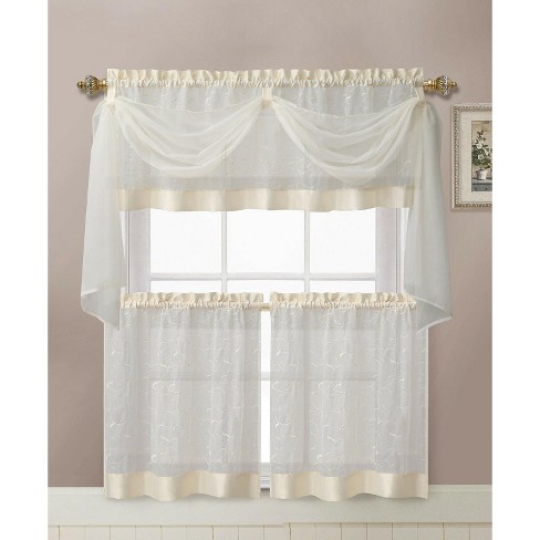 Kate Aurora Living Complete 4 Piece Linen Leaf Embroidered Complete Kitchen Curtain Set - image 1 of 1