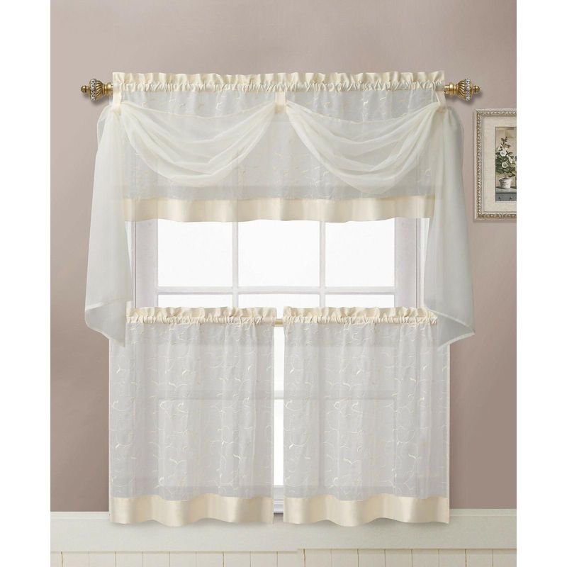 Kate Aurora Complete 4 Piece Linen Leaf Embroidered Complete Kitchen Curtain Set, 1 of 2
