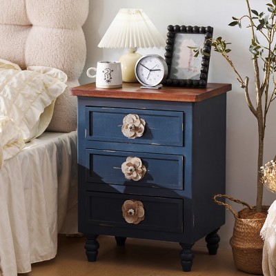 Vintage Nightstand with 3 Drawers End Table with Floral Knobs and Gourd Legs for Bedside,Living Room, Bedroom, Indoor Furniture-The Pop Home