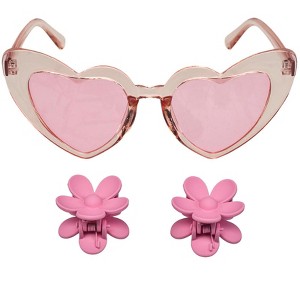 Willow & Ruby Kid's Fun Sunglasses with Hair Clip Set for Girls - Pink With Flower Hair Claws - 1 of 4