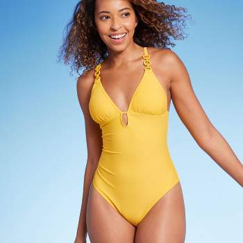 Yellow embellished plunge swimsuit