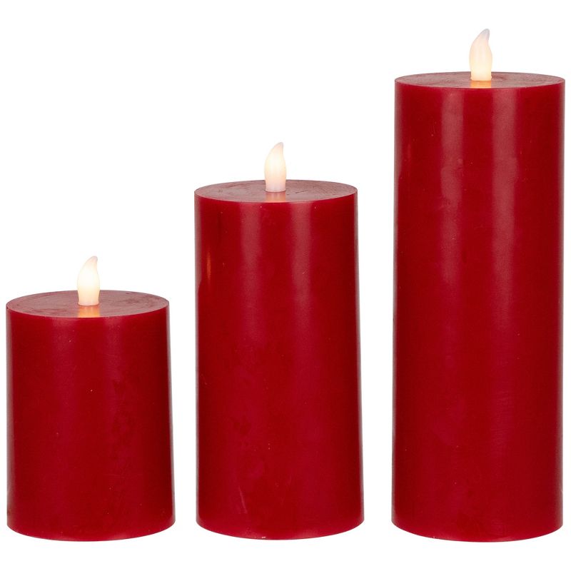 Northlight Set of 3 Flameless Solid Red Flickering LED Wax Pillar Candles 8", 4 of 7