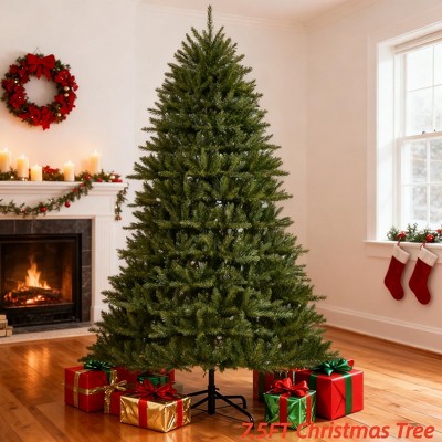 4.5FT/6FT/7.5FT/9 FTPre-Lit Artificial Christmas Tree w/ Multi-Color Lights Green PE & PVC Xmas Tree Hinged Branches & Foldable Metal Stand