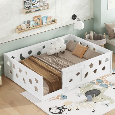 Okak Twin/Full Size Floor Bed Frame,White Solid Wood Toddler Bed with Safety Rails, Low Profile Design for Kids Bedroom & Nursery