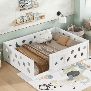 CAVINAS Twin/Full Size White Bed Frame with Heightened Guardrails,Solid Wood Floor Bed for Kids Room,Bedroom - 1 of 4