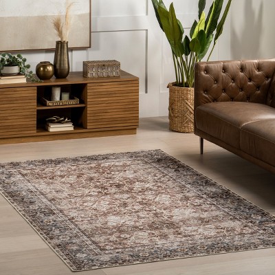 Freesia Red and Brown Synthetic Floral Washable Area Rug, 4' x 6'