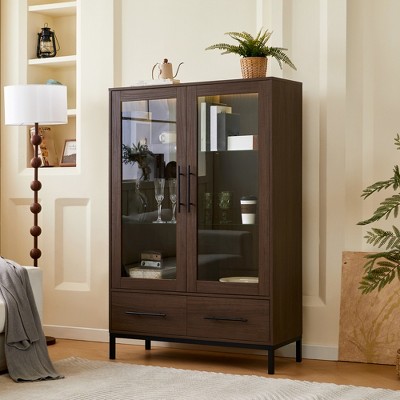 60'' Display Cabinet with Glass Door, Collectibles Display Case, Display Curio Cabinet, Bar and Liquor Storage Cabinet for Living Room Office