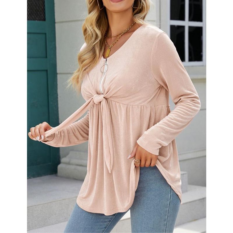 Women's V Neck Blouse Half Zip up Casual Tunic Shirts Babydoll Chest Tie Knot Shirts Ruched Flowy Hem Tunic Tops, 5 of 7