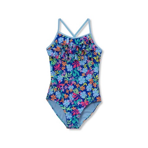 Lands' End Kids Chlorine Resistant X-Back Ruffle One Piece Swimsuit - Medium - Blue/Multi Floral