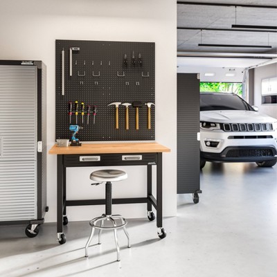 UltraGraphite Solid Wood Top Workbench on Wheels with Steel Drawer