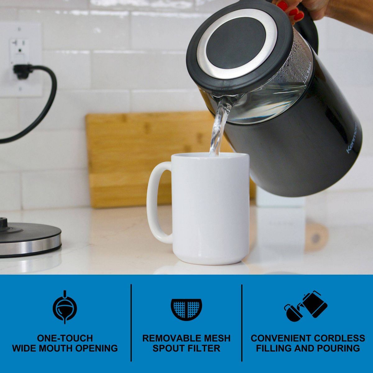 Kenmore Glass Electric Kettle 1.7L Digital Temperature Control Black: Cordless Water Kettle, Anti-Scale Filter - thumbnail 4