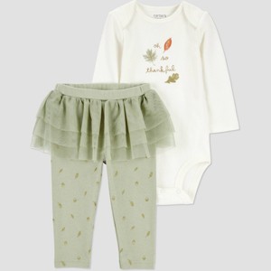 Carter's Just One You® Baby Girls' 2pc Thanksgiving Thankful Tutu Top & Bottom Set - Green - 1 of 3
