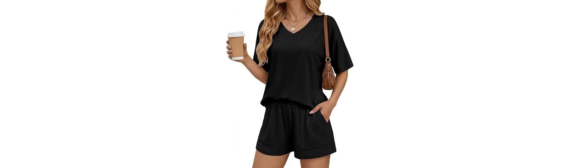 Ekouaer Two Piece Sets for Women Summer V Neck Lounge Short Sets Matching Vacation Outfits with Large Pockets