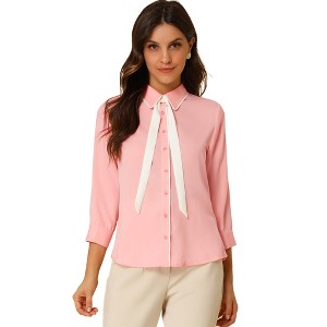 Allegra K Women's Point Collar Tie neck 3/4 Sleeve Button-Down Shirt - 1 of 4