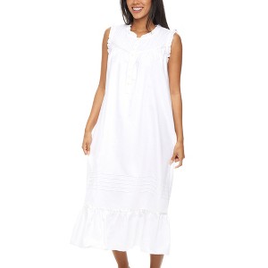 ADR Women's Cotton Nightgown, Sleeveless Lace Trimmed Ruffled Long Vintage Night Dress Gown - 1 of 4