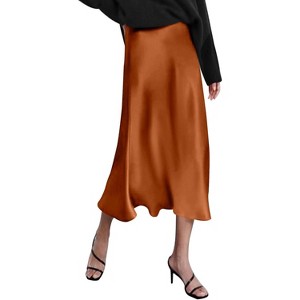 Women's High Waist Satin Midi Skirt - Elegant A-Line Silky Skirt Dark Brown - 1 of 4