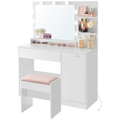 VASAGLE Vanity Desk with Mirror and Lights, 43.3-Inch Wide Makeup Vanity with Upholstered Vanity Stool, Dimmable LED Lights, Cloud White