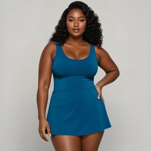 Calypsa Women's Plus Size Hayley Tankini-Style Swim Dress With Adjustable Straps and Hidden Bikini Bottoms - 1 of 4
