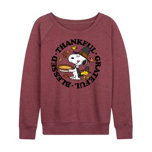 Women's - Peanuts - Thankful Grateful Blessed Lightweight French Terry Wide Neck Long Sleeve Shirt - 1 of 4