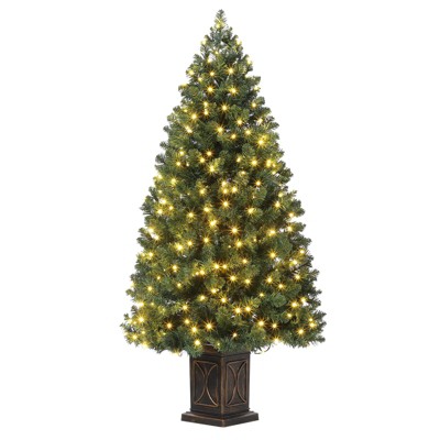4.5FT Pre-Lit Spruce Christmas Tree, Artificial Xmas Tree with Light Pot Base, 300 Warm White Lights and 8 Mode Timer, for Entrances and Christmas