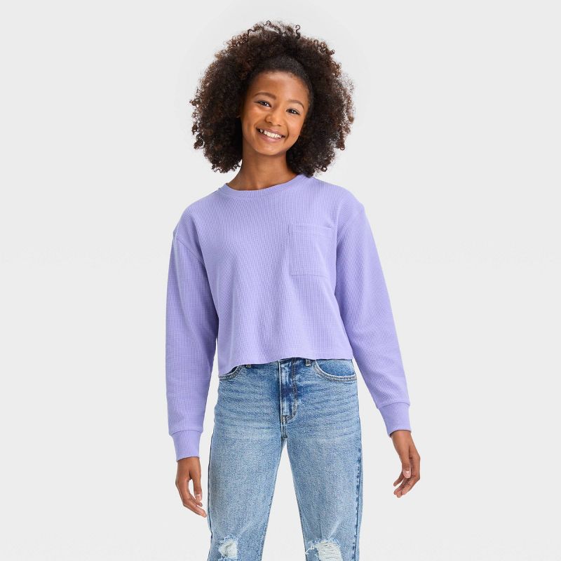 Girls' Long Sleeve Waffle Top with Pocket - art class™, 1 of 7