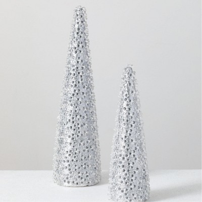 Sullivans Set of 2 Decorative Accent Beaded Cone Topiary 18.5"H & 13.5"H Silver