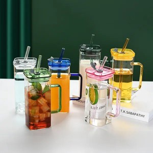 Glass Straw Cup, Square Glass Cup W/ Straw And Lid, High Borosilicate Glass Cup, Milk Cup, Juice Cup, Cold Drink Cup, Coffee Cup - 1 of 4