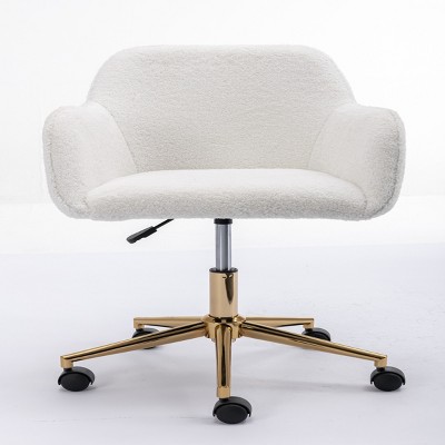 GlasFlength Task and Office Chairs Modern Teddy Fabric Adjustable Height Swivel Chair with Gold Base for Home Office, White, 24.8"*22.8"*33.8"