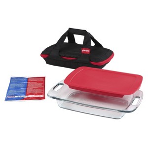 Pyrex 4pc Portables Easy Grab Baking Dish Set: Glass Bakeware with Lid & Insulated Carrier, Microwave & Oven Safe - 1 of 4