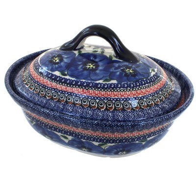 Blue Rose Polish Pottery Blue Art Small Oval Baker with Lid