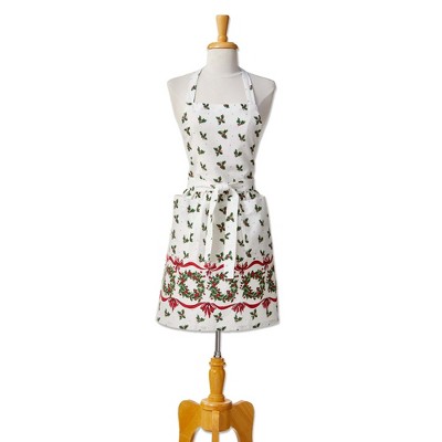 tag Vintage Holly Christmas Apron - White Multi Cotton Kitchen Textile, Machine Washable, 28" L x 34" W