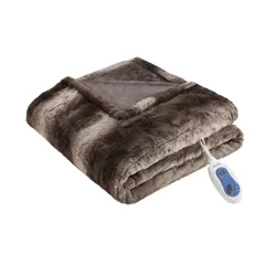 50"x70" Marselle Oversized Faux Fur Electric Throw Blanket Chocolate - Beautyrest