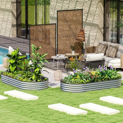 Silver Galvanized Steel Raised Garden Bed Set with Metal Plant Stakes