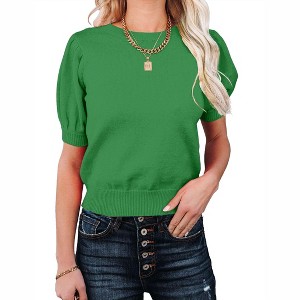 Women's Short Sleeve Sweater Tops 2025 Spring Summer Trendy Crew Neck Casual T Shirts Blouses,Green - S - 1 of 4