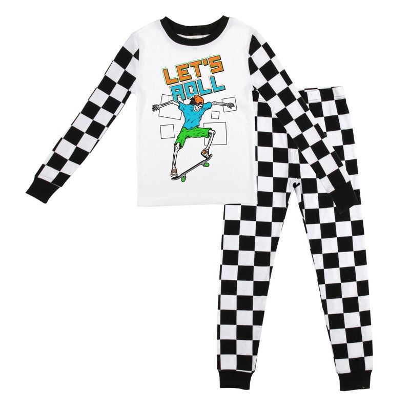 Let's Roll Youth Boy's Black & White Checkered Long Sleeve Shirt & Sleep Pants Set, 1 of 5