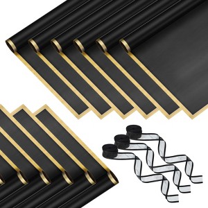Unique Bargains Plastic Golden Edge Bouquet Flower Wrapping Paper 3 Packs with 3 Rolls Ribbons Black - 1 of 4