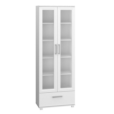 White 71.85" Bookcase with Frosted Glass Doors and Drawer