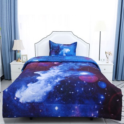 2 Pcs Polyester Twin All-season Galaxies Reversible Bedding Sets Galaxies Dark Blue  - PiccoCasa