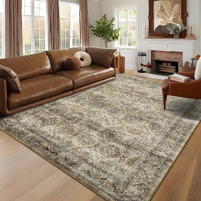 Washable Runner Rug Non Slip Floor Carpet, Low Pile Distressed Kitchen Rug, Non-Shedding Faux Wool Soft Rug, Vintage Printed Rug