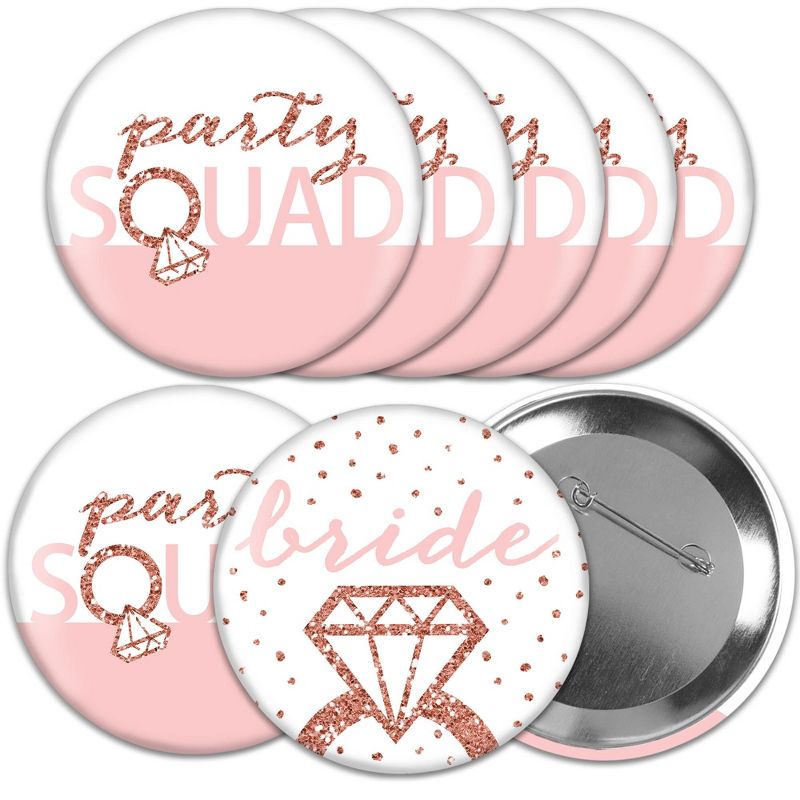 Big Dot of Happiness Bride Squad - 3 inch Rose Gold Bridal Shower or Bachelorette Party Badge - Pinback Buttons - Set of 8, 1 of 9