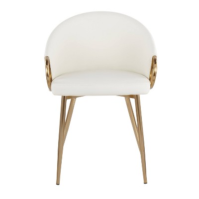 White Faux Leather and Gold Metal Low Upholstered Chair
