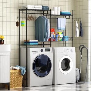 Over Washer and Dryer Storage Shelves, Clothes Drying Rack with Adjustable Shelf, 57.4" W Shelving Units with Laundry Hamper and Hooks - 1 of 4