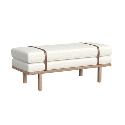 Cream Boucle Upholstered Bench with Faux Leather Straps