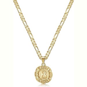 Women's 14K Gold Plated Initial Necklace with Round Letter Pendant from A-Z on Figaro Chain - 1 of 4