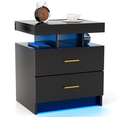 Tangkula Modern LED Nightstand Bedside Table with 2 Storage Drawers with High Gloss Top Remote Control 20 Static Colors & 21 Dynamic Modes for Bedroom