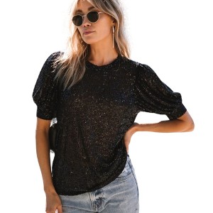 Amaryllis Women's Short-Sleeve Crew Neck Sequin Top Puff Sleeves Sparkling Detail - 1 of 4