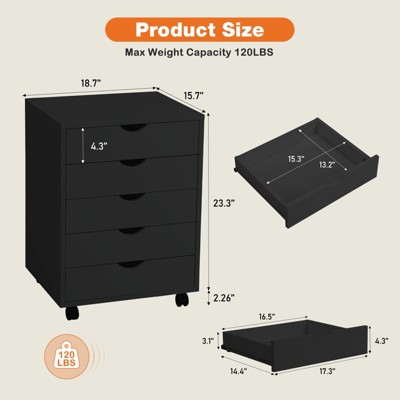 Black MDF 5-Drawer Mobile Storage Cabinet with Wheels