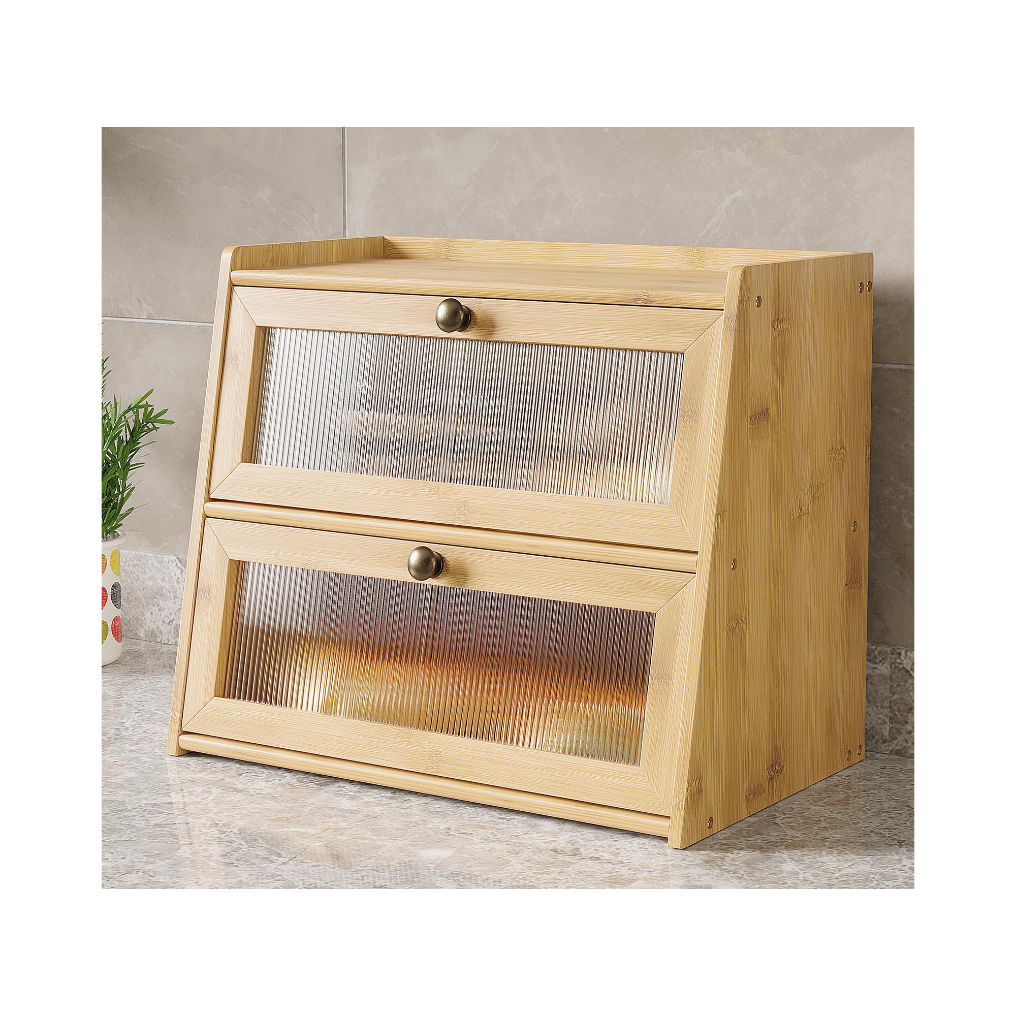 Double Bread Box, Bamboo Kitchen Countertop Organizer, Large Capacity Bread Rack with Window (nature）
