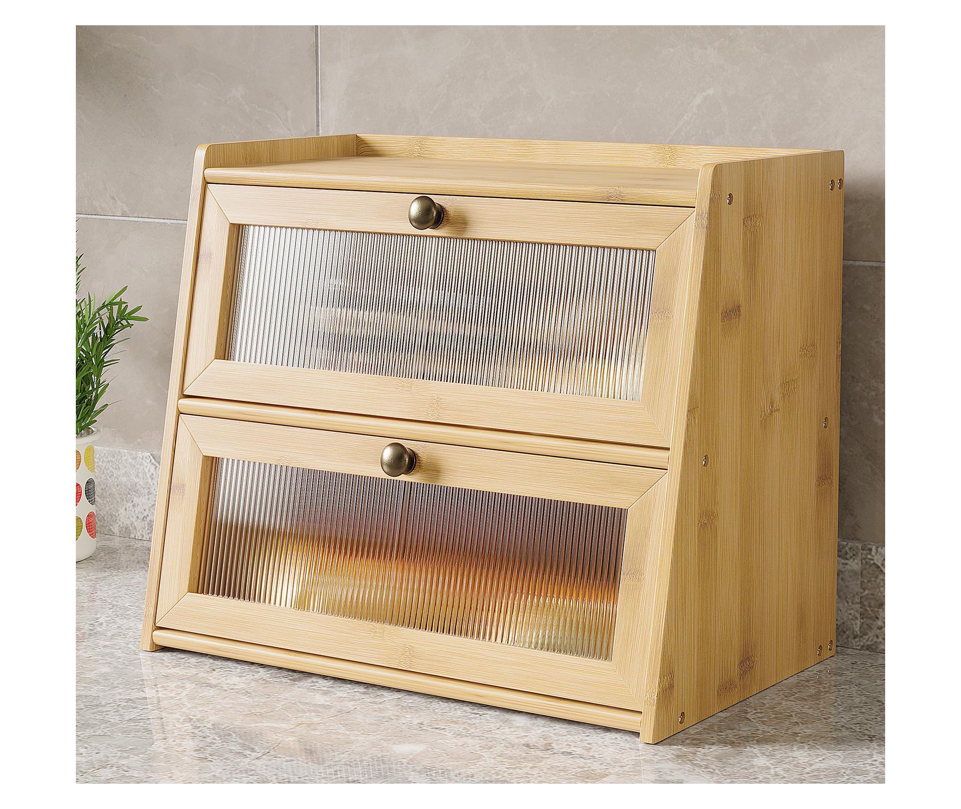 Double Bread Box, Bamboo Kitchen Countertop Organizer, Large Capacity Bread Rack with Window (Log Color)